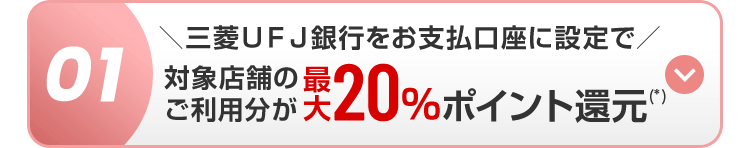 三菱UFJ銀行をお支払口座に設定で
01
対物用勢が20%ポイント還元
(*)