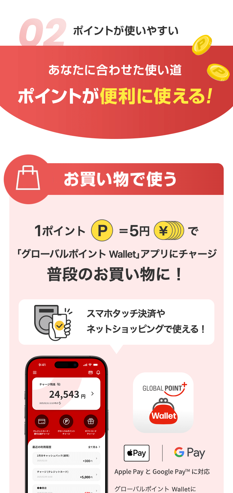 02
ポイントが使いやすい
あなたに合わせた使い道
ポイントが便利に使える!